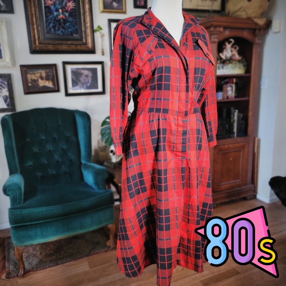Vintage 80s Sunshine Starshine Red Plaid Shirt Dress‎ Button Front Pockets 12